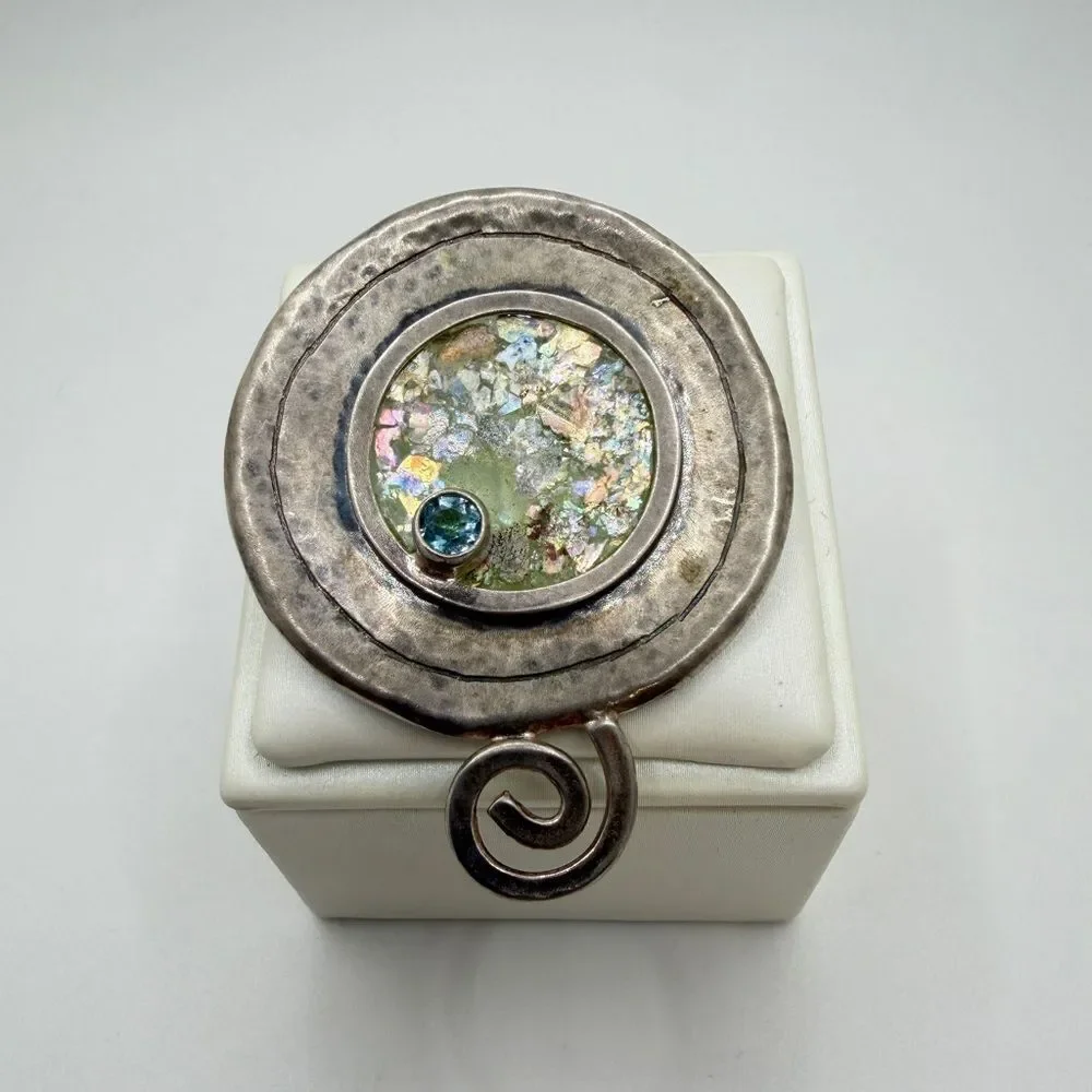 Amazing, Israel made sterling silver Roman Glass, Blue Topaz Pin/Brooch/Pendant!